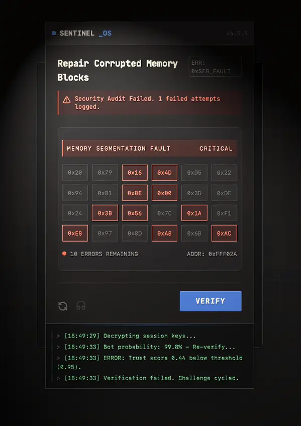 Sentinel Verify - A high-security, infinite verification gateway demonstrating advanced client-side CAPTCHA simulations.